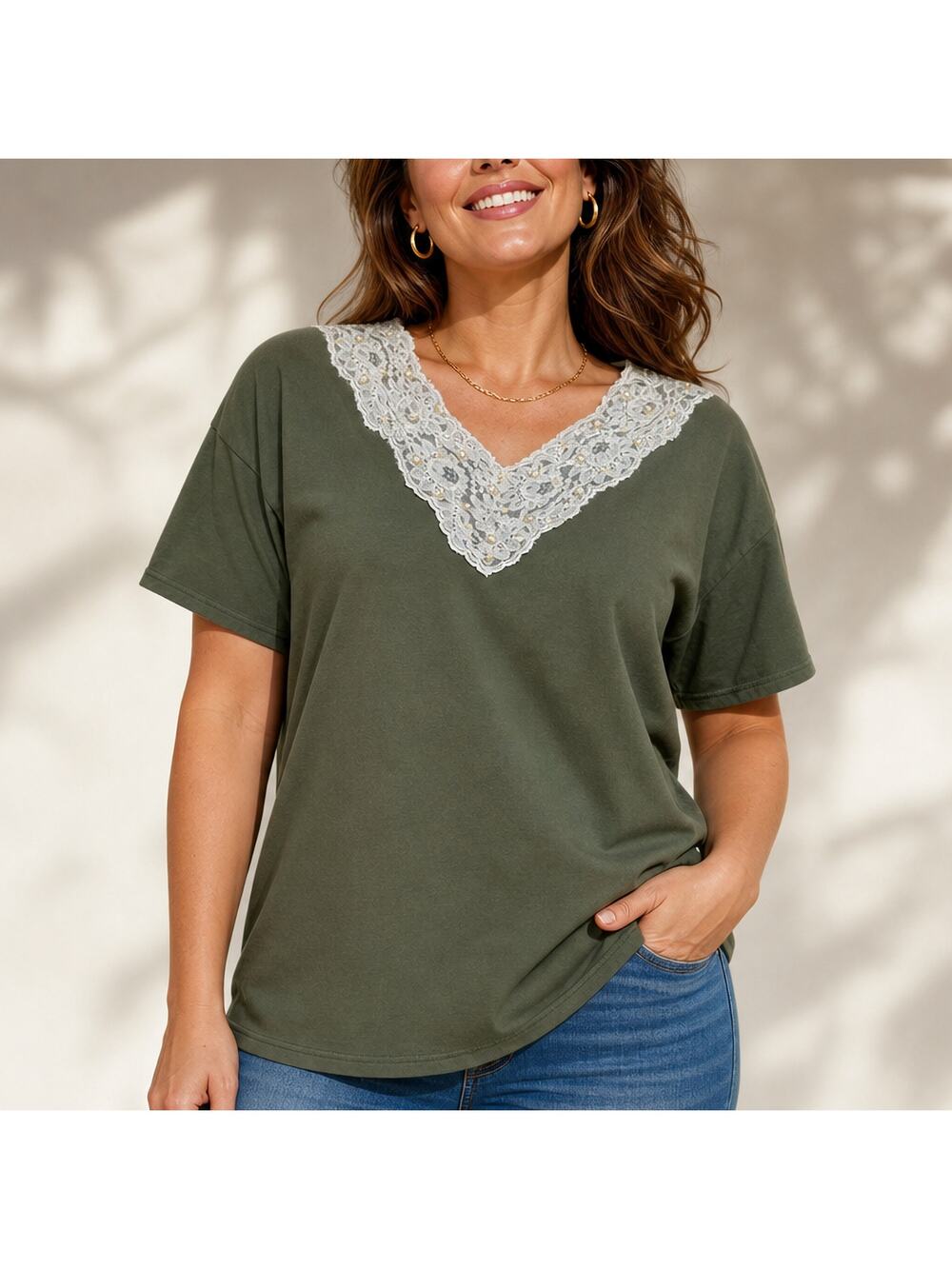 Cesucci Vintage Lace Pearl V Neck Tee Olive Green O/S Fairycore Green Academia